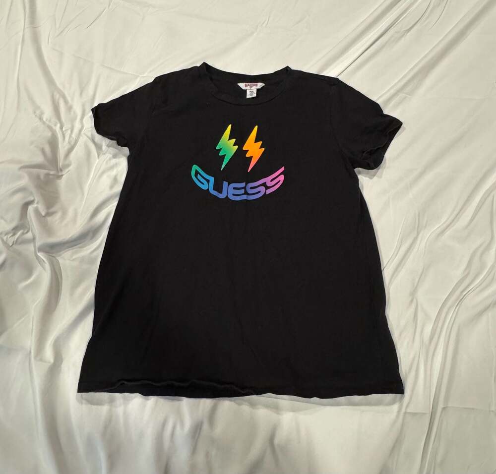 Guess x J Balvin Black Rainbow Smile Lightning Bolt T-Shirt - Picture 1 of 2